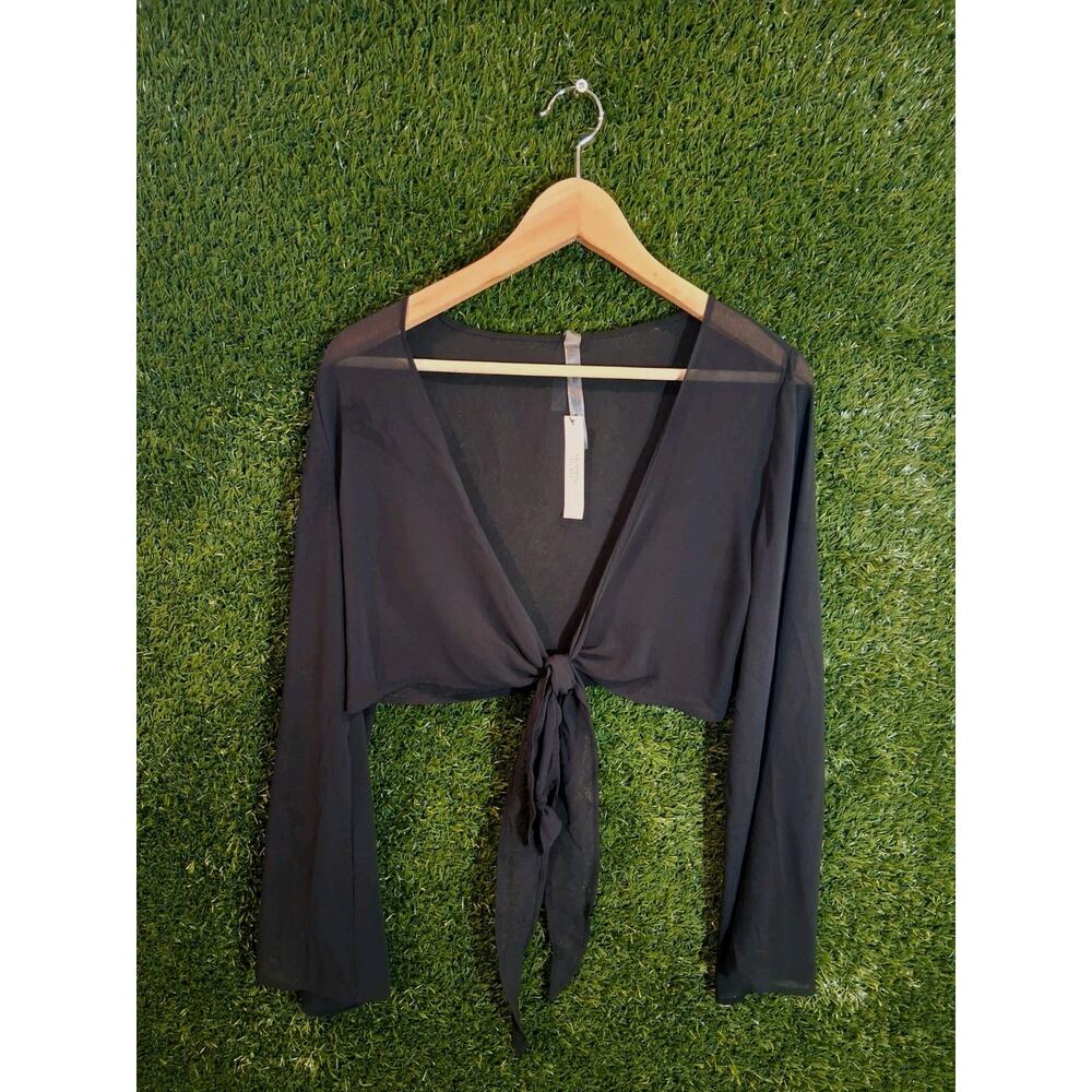 NWT Victoria's Secret SWIM Black Sheer Tie-Front Long Sleeve Crop Cover Up XS